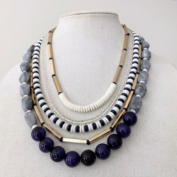 Loft Multistrand Beaded Statement Necklace Navy / Grey / Cream / Gold - Picture 4 of 13